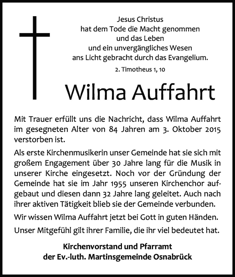  Traueranzeige für Wilma Auffahrt vom 07.10.2015 aus Neue Osnabrücker Zeitung GmbH & Co. KG