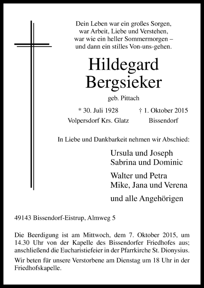  Traueranzeige für Hildegard Bergsieker vom 02.10.2015 aus Neue Osnabrücker Zeitung GmbH & Co. KG
