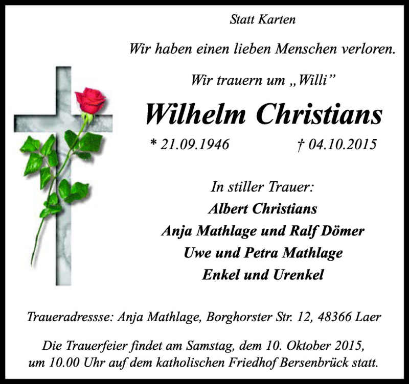  Traueranzeige für Wilhelm Christians vom 08.10.2015 aus Neue Osnabrücker Zeitung GmbH & Co. KG