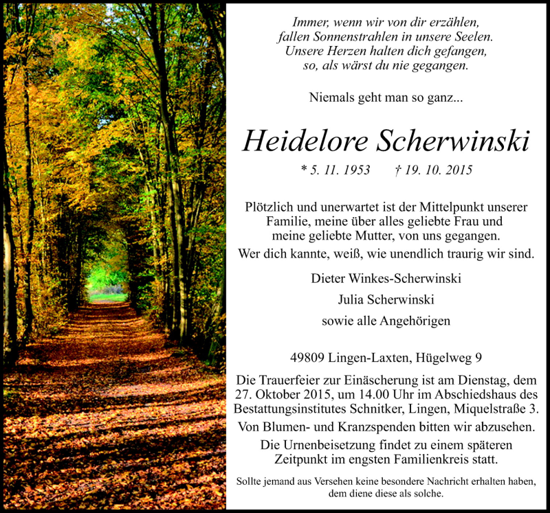  Traueranzeige für Heidelore Scherwinski vom 22.10.2015 aus Neue Osnabrücker Zeitung GmbH & Co. KG