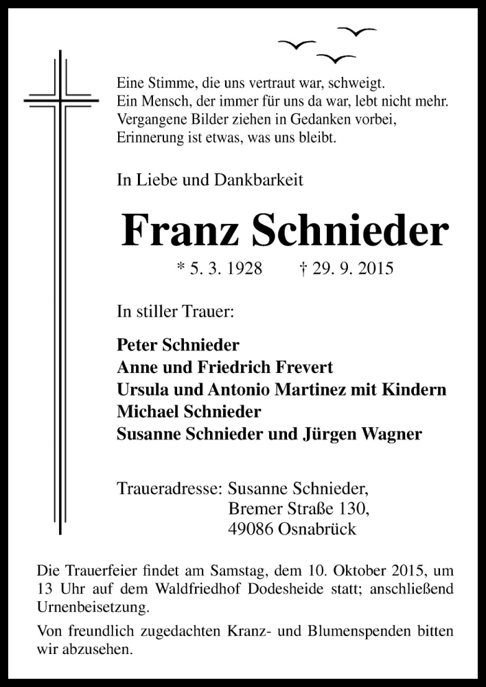  Traueranzeige für Franz Schnieder vom 07.10.2015 aus Neue Osnabrücker Zeitung GmbH & Co. KG