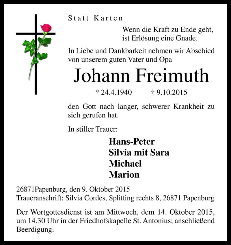  Traueranzeige für Johann Freimuth vom 12.10.2015 aus Neue Osnabrücker Zeitung GmbH & Co. KG