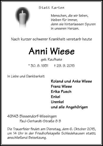 Traueranzeige von Anni Wiese von Neue Osnabrücker Zeitung GmbH & Co. KG