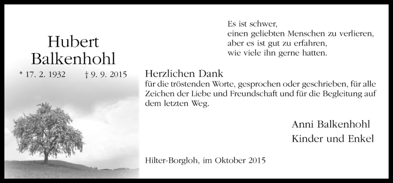  Traueranzeige für Hubert Balkenhohl vom 24.10.2015 aus Neue Osnabrücker Zeitung GmbH & Co. KG