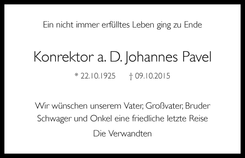  Traueranzeige für Johannes Pavel vom 17.10.2015 aus Neue Osnabrücker Zeitung GmbH & Co. KG