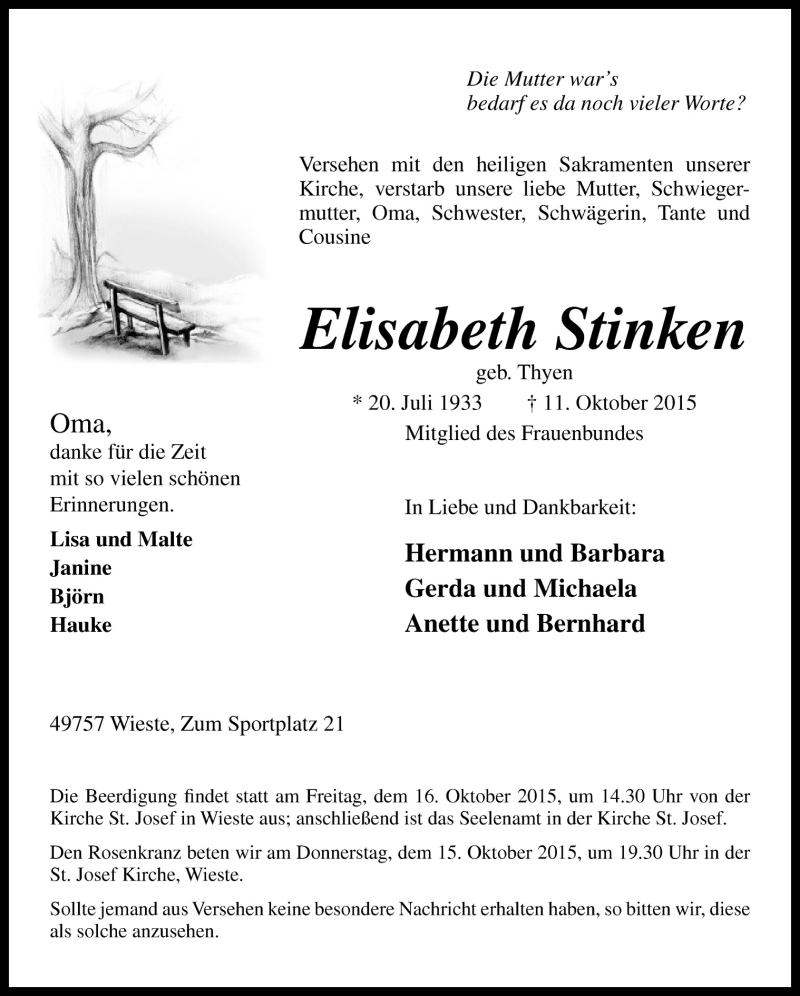  Traueranzeige für Elisabeth Stinken vom 14.10.2015 aus Neue Osnabrücker Zeitung GmbH & Co. KG