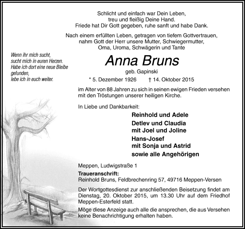  Traueranzeige für Anna Bruns vom 17.10.2015 aus Neue Osnabrücker Zeitung GmbH & Co. KG