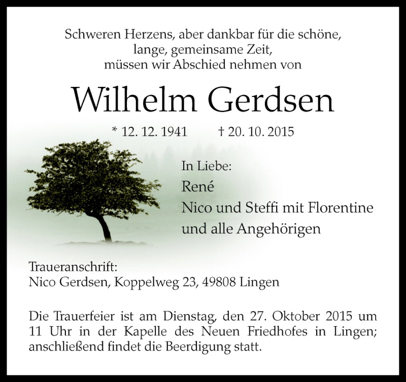  Traueranzeige für Wilhelm Gerdsen vom 24.10.2015 aus Neue Osnabrücker Zeitung GmbH & Co. KG