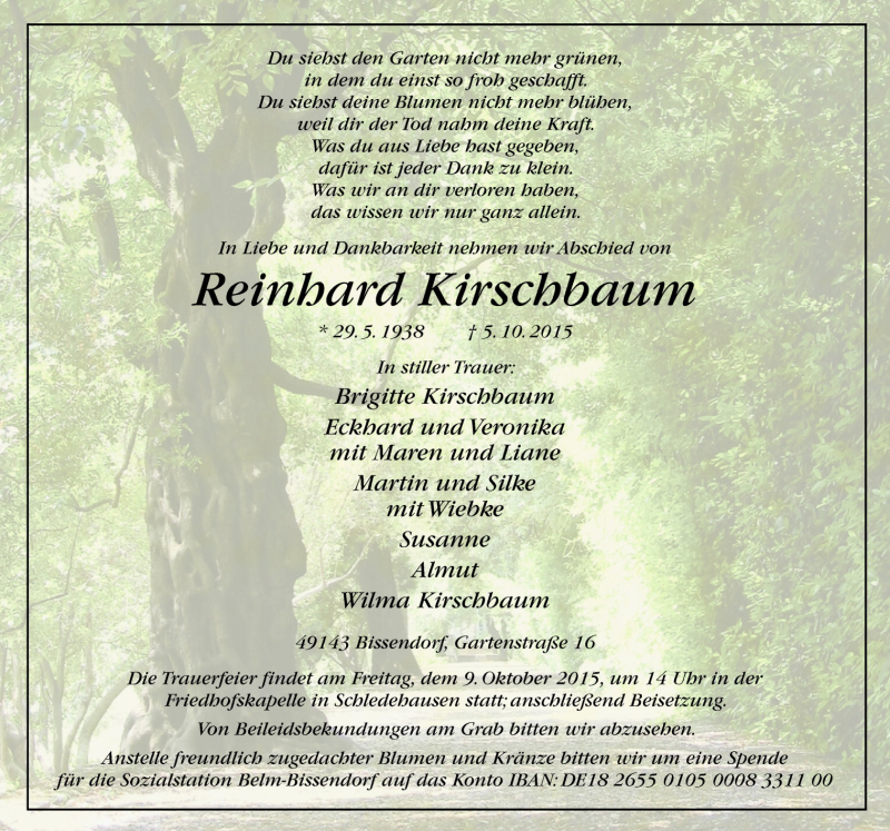  Traueranzeige für Reinhard Kirschbaum vom 07.10.2015 aus Neue Osnabrücker Zeitung GmbH & Co. KG