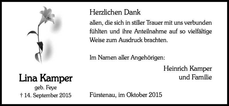  Traueranzeige für Lina Kamper vom 31.10.2015 aus Neue Osnabrücker Zeitung GmbH & Co. KG