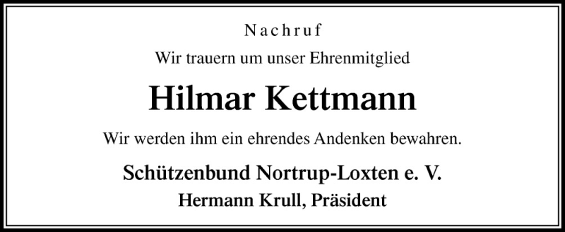  Traueranzeige für Hilmar Kettmann vom 26.10.2015 aus Neue Osnabrücker Zeitung GmbH & Co. KG