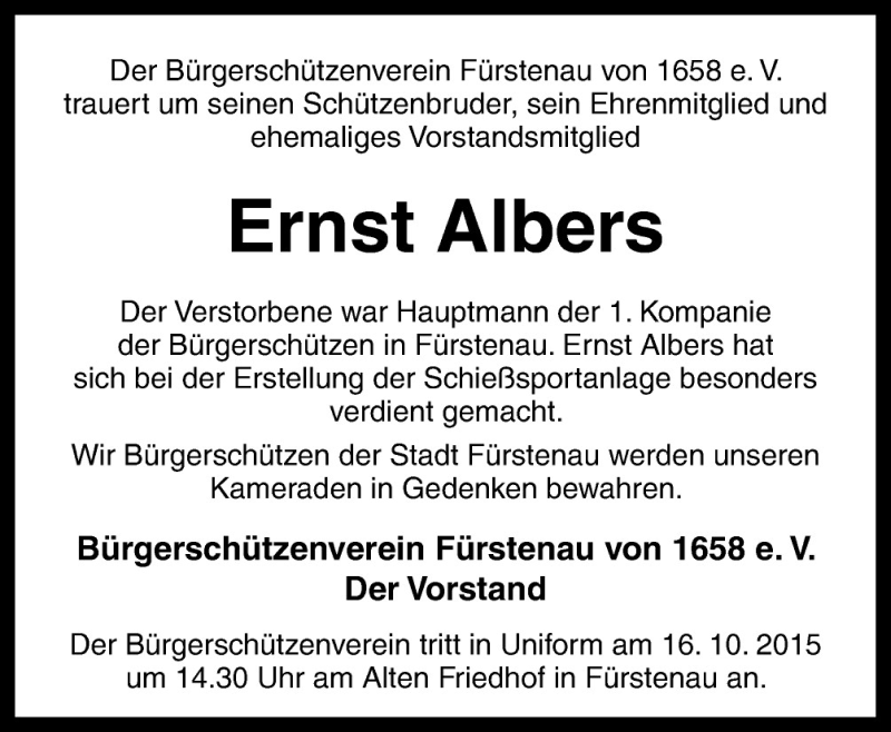  Traueranzeige für Ernst Albers vom 14.10.2015 aus Neue Osnabrücker Zeitung GmbH & Co. KG