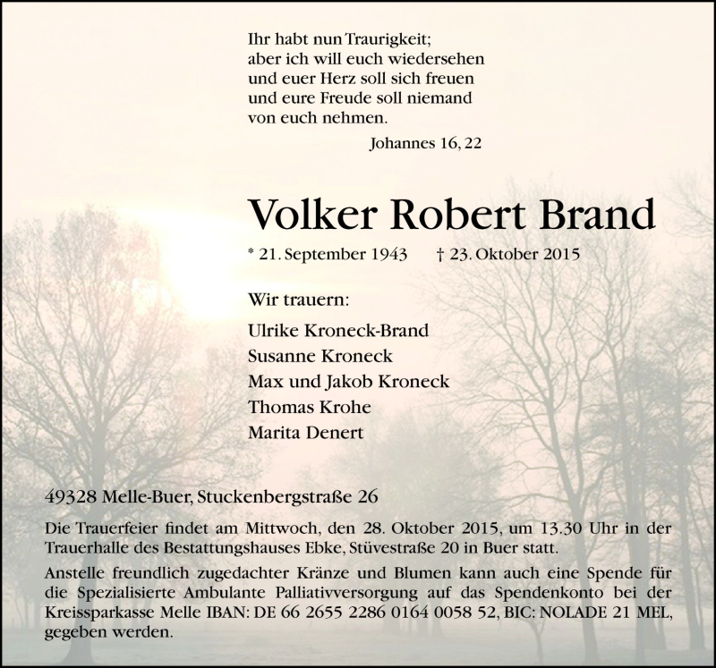  Traueranzeige für Volker Robert Brand vom 26.10.2015 aus Neue Osnabrücker Zeitung GmbH & Co. KG