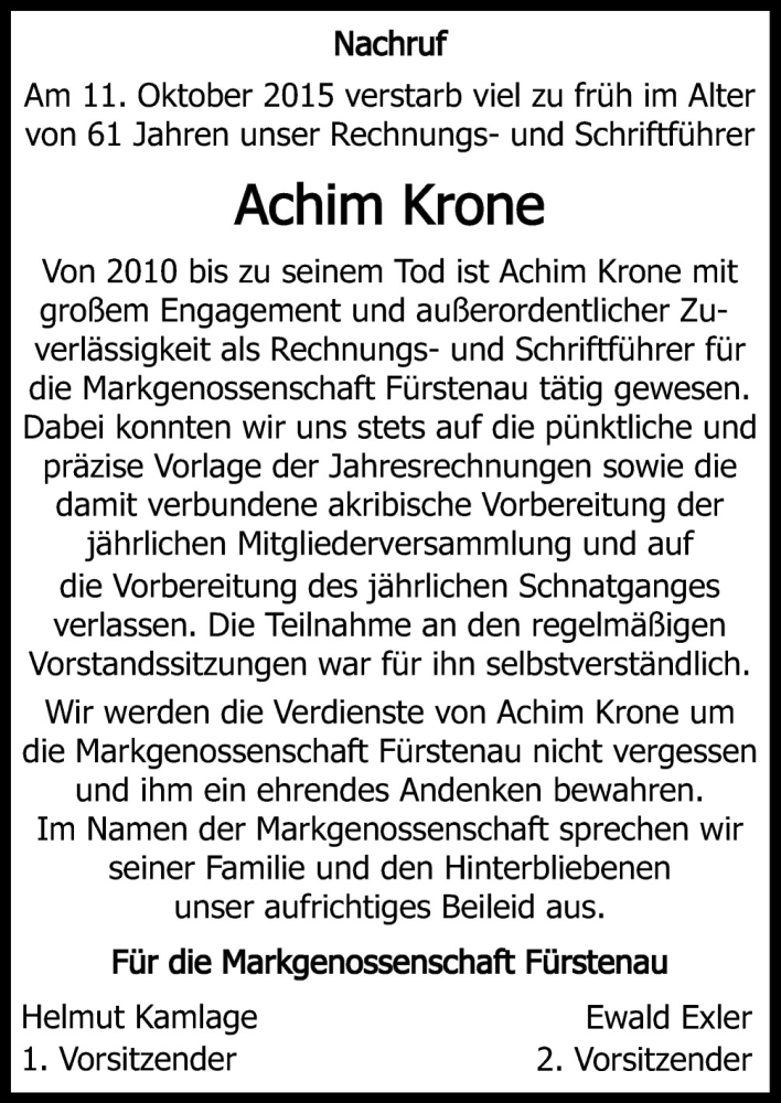  Traueranzeige für Achim Krone vom 17.10.2015 aus Neue Osnabrücker Zeitung GmbH & Co. KG