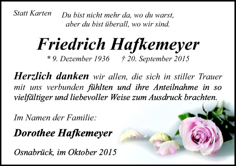  Traueranzeige für Friedrich Hafkemeyer vom 17.10.2015 aus Neue Osnabrücker Zeitung GmbH & Co. KG
