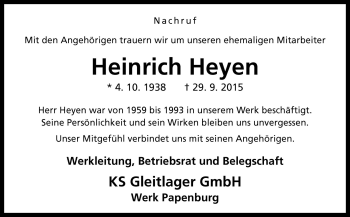 Traueranzeige von Heinrich Heyen von Neue Osnabrücker Zeitung GmbH & Co. KG