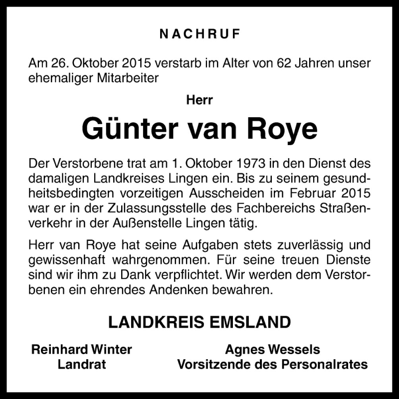  Traueranzeige für Günter van Roye vom 30.10.2015 aus Neue Osnabrücker Zeitung GmbH & Co. KG