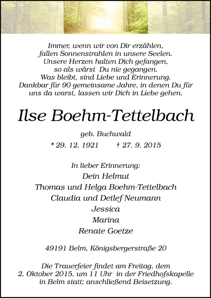  Traueranzeige für Ilse Boehm-Tettelbach vom 01.10.2015 aus Neue Osnabrücker Zeitung GmbH & Co. KG