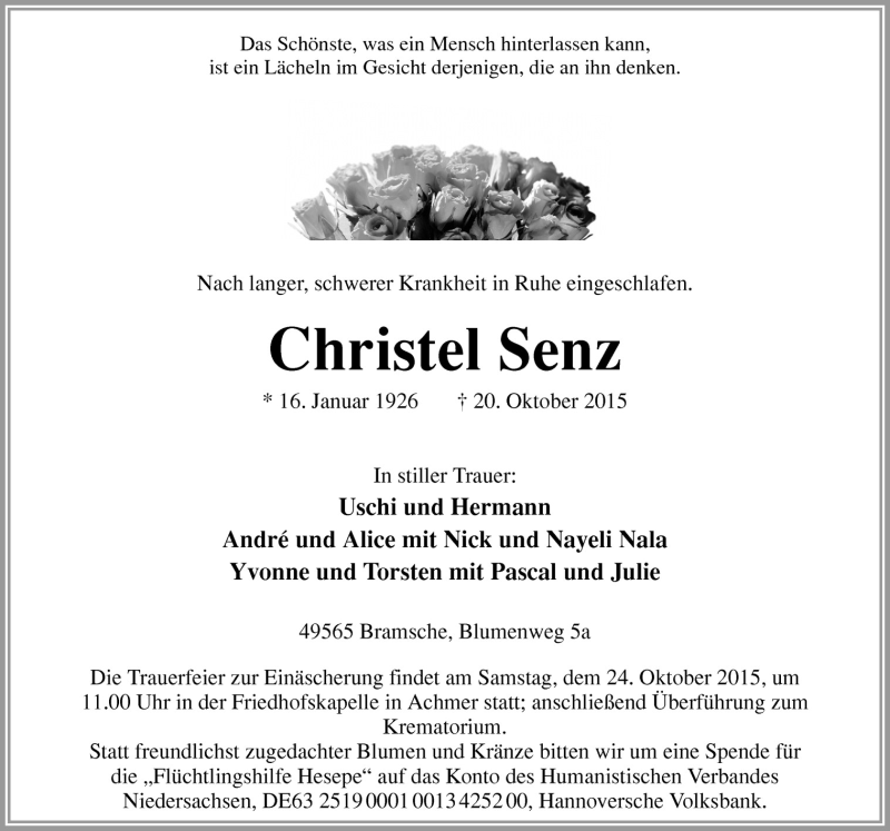  Traueranzeige für Christel Senz vom 23.10.2015 aus Neue Osnabrücker Zeitung GmbH & Co. KG