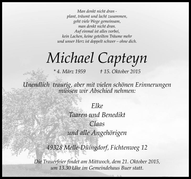  Traueranzeige für Michael Capteyn vom 17.10.2015 aus Neue Osnabrücker Zeitung GmbH & Co. KG