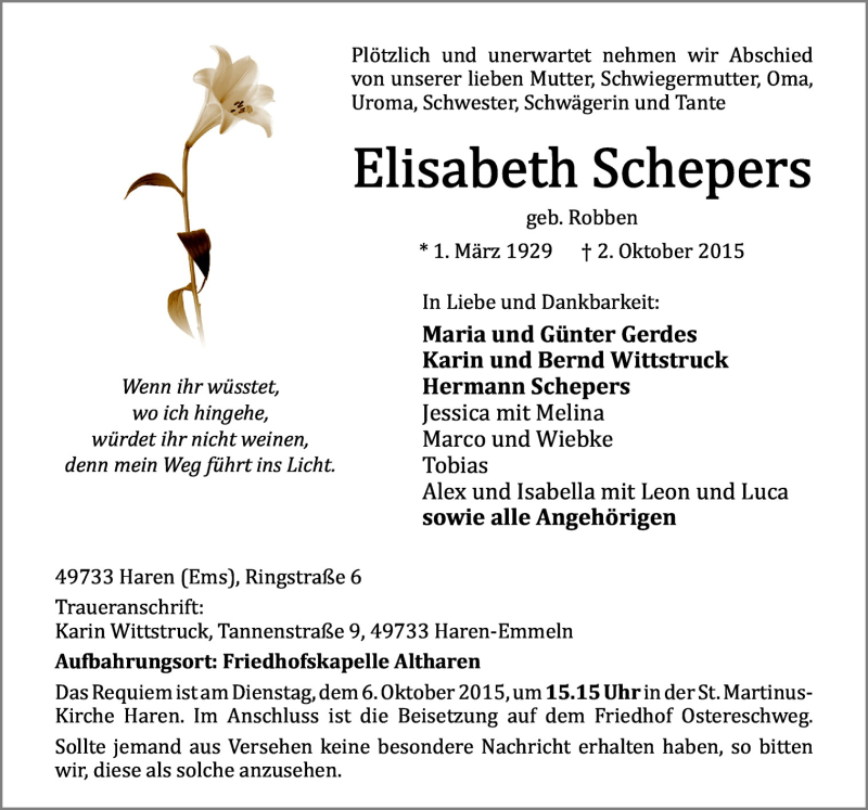  Traueranzeige für Elisabeth Schepers vom 05.10.2015 aus Neue Osnabrücker Zeitung GmbH & Co. KG