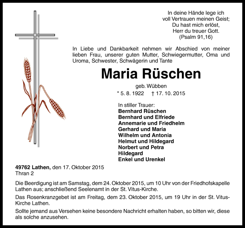  Traueranzeige für Maria Rüschen vom 20.10.2015 aus Neue Osnabrücker Zeitung GmbH & Co. KG