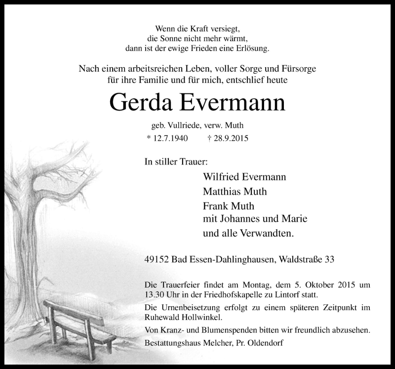  Traueranzeige für Gerda Evermann vom 01.10.2015 aus Neue Osnabrücker Zeitung GmbH & Co. KG