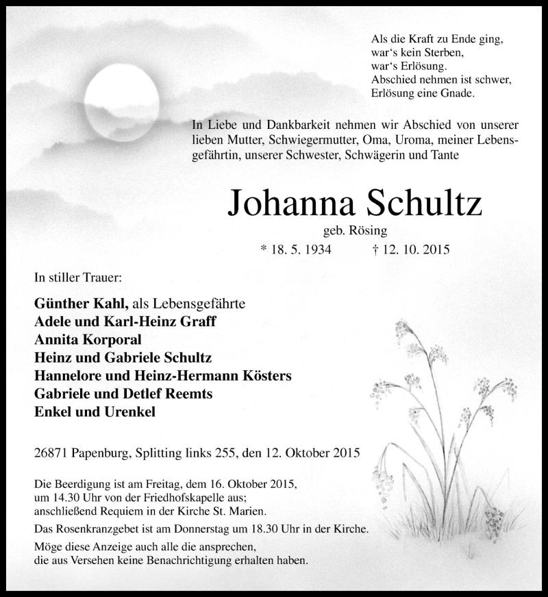  Traueranzeige für Johanna Schultz vom 14.10.2015 aus Neue Osnabrücker Zeitung GmbH & Co. KG