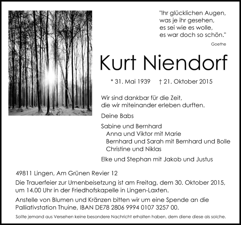  Traueranzeige für Kurt Niendorf vom 24.10.2015 aus Neue Osnabrücker Zeitung GmbH & Co. KG