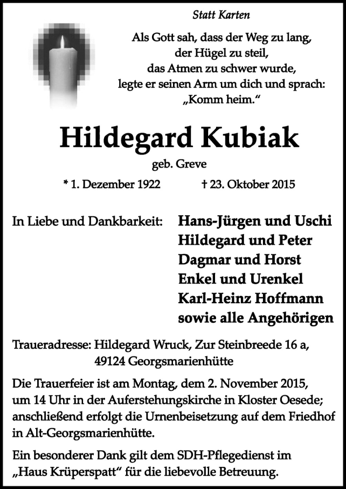  Traueranzeige für Hildegard Kubiak vom 29.10.2015 aus Neue Osnabrücker Zeitung GmbH & Co. KG