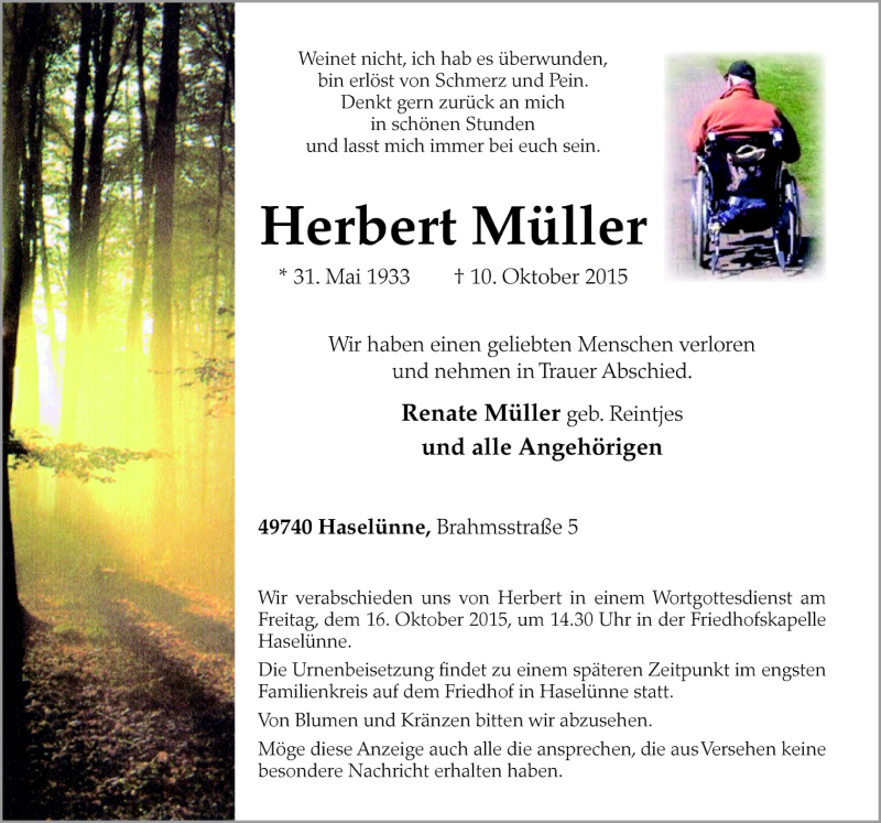  Traueranzeige für Herbert Müller vom 13.10.2015 aus Neue Osnabrücker Zeitung GmbH & Co. KG