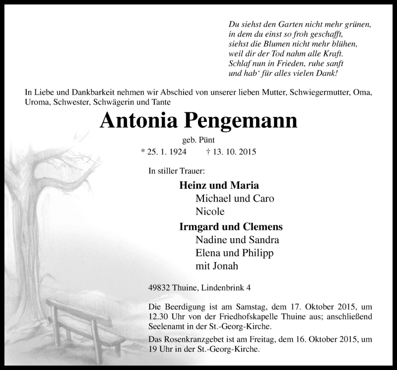 Traueranzeige für Antonia Pegemann vom 15.10.2015 aus Neue Osnabrücker Zeitung GmbH & Co. KG