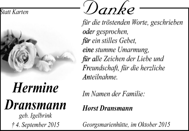  Traueranzeige für Hermine Dransmann vom 02.10.2015 aus Neue Osnabrücker Zeitung GmbH & Co. KG