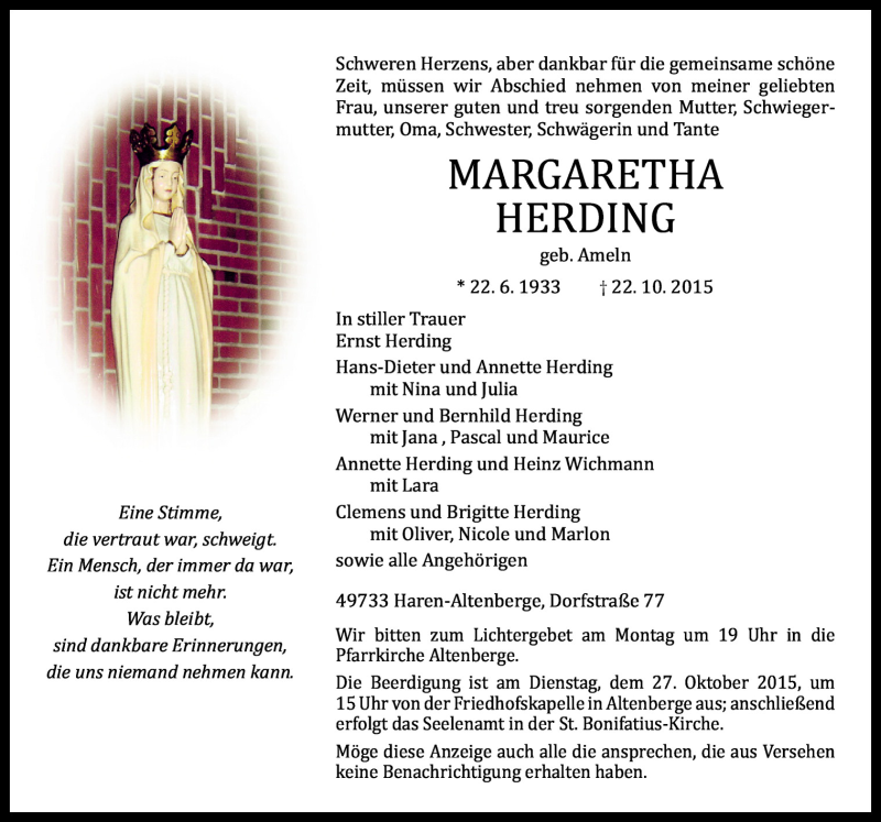  Traueranzeige für Margaretha Herding vom 24.10.2015 aus Neue Osnabrücker Zeitung GmbH & Co. KG