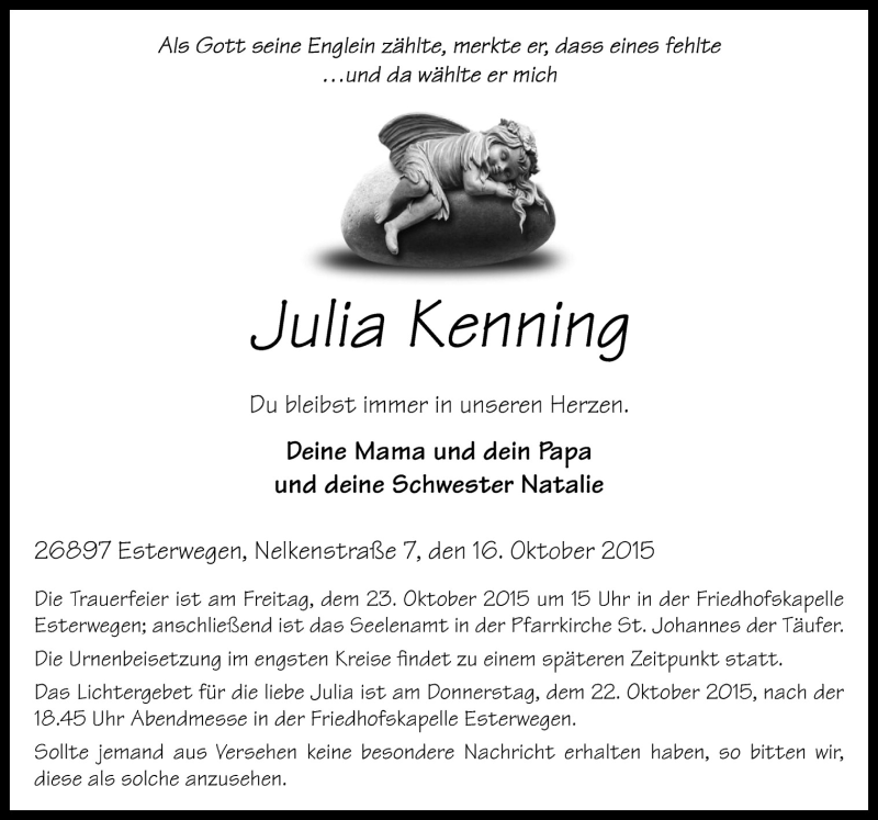  Traueranzeige für Julia Kenning vom 20.10.2015 aus Neue Osnabrücker Zeitung GmbH & Co. KG