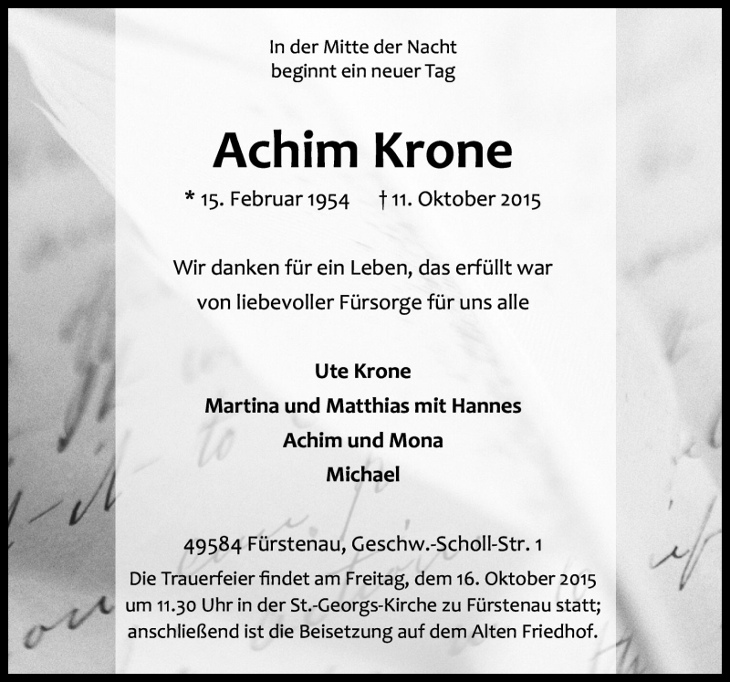  Traueranzeige für Achim Krone vom 14.10.2015 aus Neue Osnabrücker Zeitung GmbH & Co. KG