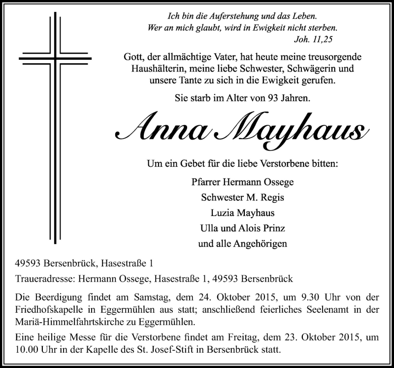  Traueranzeige für Anna Mayhaus vom 22.10.2015 aus Neue Osnabrücker Zeitung GmbH & Co. KG