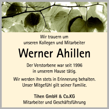 Traueranzeige von Werner Ahillen von Neue Osnabrücker Zeitung GmbH & Co. KG