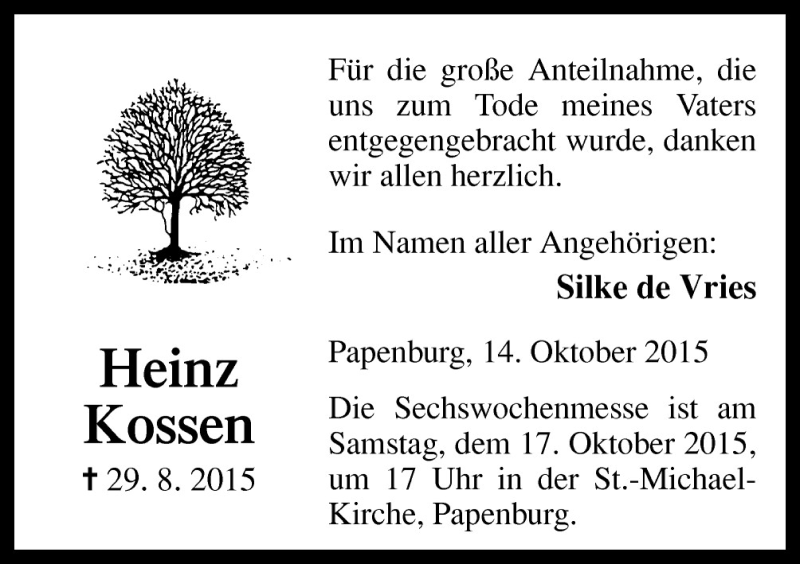  Traueranzeige für Heinz Kossen vom 14.10.2015 aus Neue Osnabrücker Zeitung GmbH & Co. KG