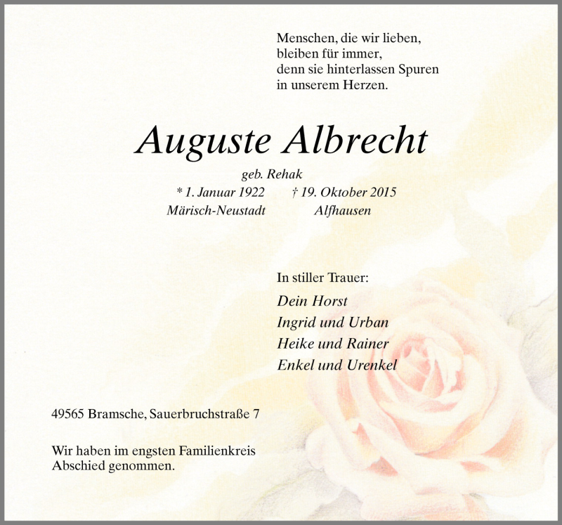  Traueranzeige für Auguste Albrecht vom 27.10.2015 aus Neue Osnabrücker Zeitung GmbH & Co. KG
