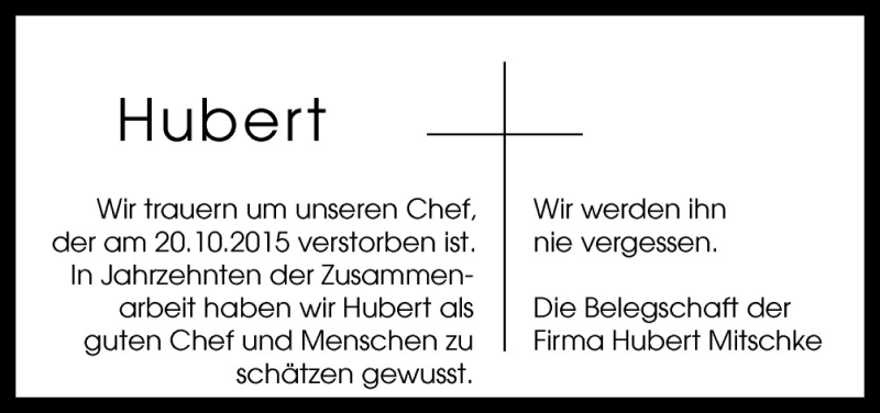  Traueranzeige für Hubert  vom 31.10.2015 aus Neue Osnabrücker Zeitung GmbH & Co. KG