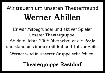 Traueranzeige von Werner Ahillen von Neue Osnabrücker Zeitung GmbH & Co. KG