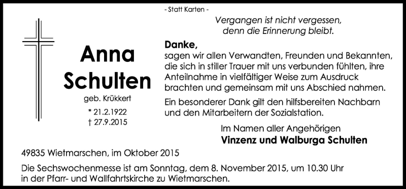  Traueranzeige für Anna Schulten vom 31.10.2015 aus Neue Osnabrücker Zeitung GmbH & Co. KG