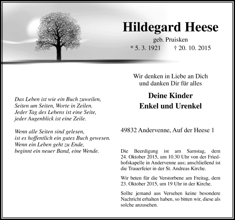  Traueranzeige für Hildegard Heese vom 22.10.2015 aus Neue Osnabrücker Zeitung GmbH & Co. KG