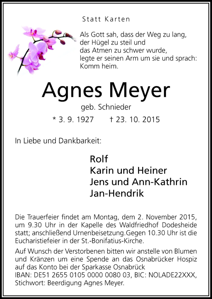  Traueranzeige für Agnes Meyer vom 28.10.2015 aus Neue Osnabrücker Zeitung GmbH & Co. KG