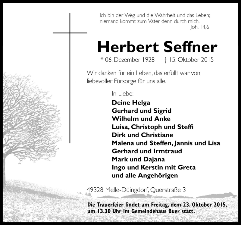  Traueranzeige für Herbert Seffner vom 20.10.2015 aus Neue Osnabrücker Zeitung GmbH & Co. KG