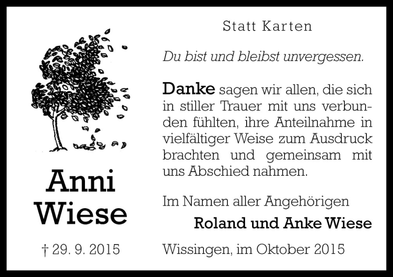  Traueranzeige für Anni Wiese vom 31.10.2015 aus Neue Osnabrücker Zeitung GmbH & Co. KG