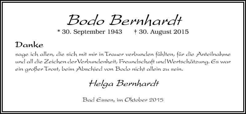  Traueranzeige für Bodo Bernhardt vom 02.10.2015 aus Neue Osnabrücker Zeitung GmbH & Co. KG