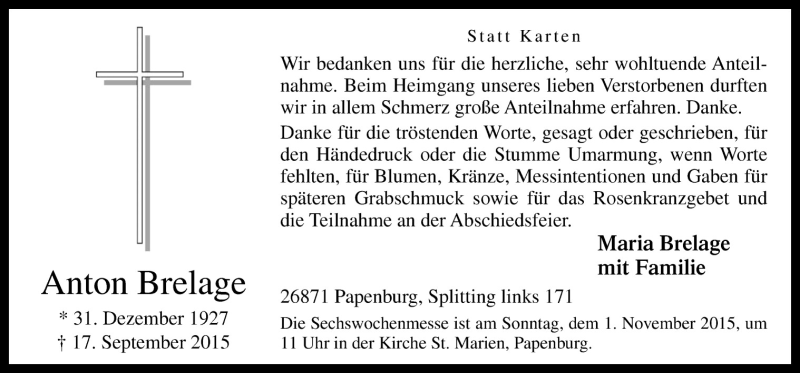  Traueranzeige für Anton Brelage vom 28.10.2015 aus Neue Osnabrücker Zeitung GmbH & Co. KG