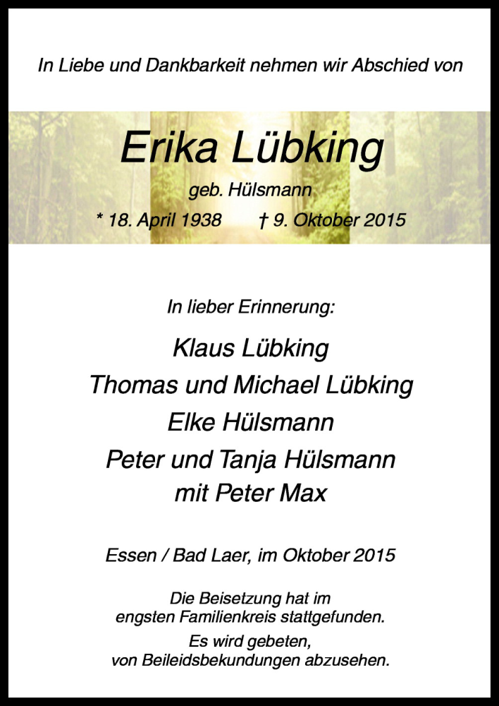  Traueranzeige für Erika Lübking vom 17.10.2015 aus Neue Osnabrücker Zeitung GmbH & Co. KG